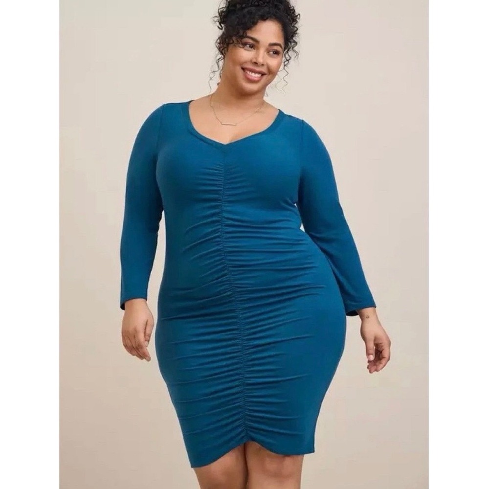 Torrid 2 Teal Blue Ruched Jersey Bodycon Dress Long Sleeve 2x 18 20 NWT